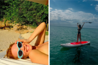 Mariana Ximenes comemora chegada do verão com mergulho no mar, stand-up paddle e topless