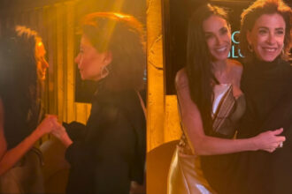 Demi Moore parabeniza Fernanda Torres nos bastidores do Globo de Ouro