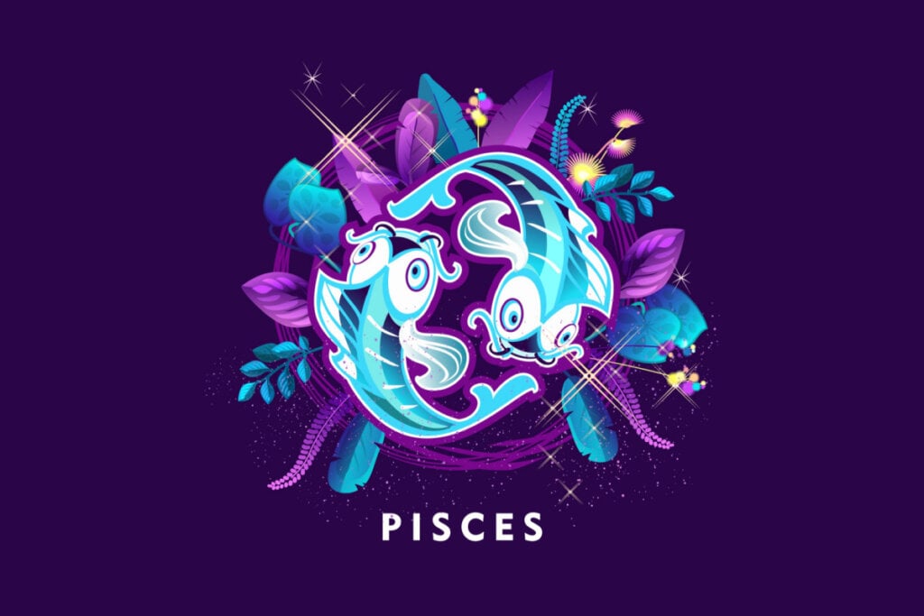 Símbolo do signo de Peixes em um fundo roxo