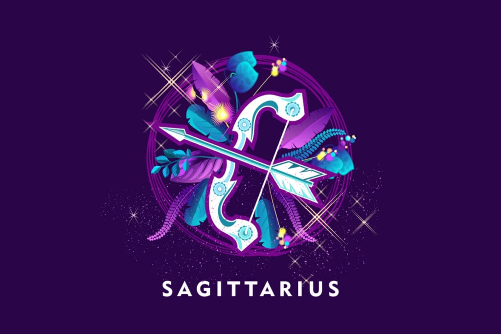Símbolo do signo de Sagitário em um fundo roxo