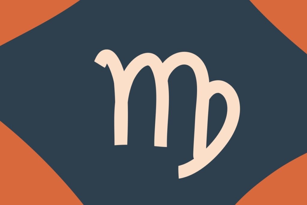 Ilustração do signo de Virgem na cor rosa em um fundo azul e laranja