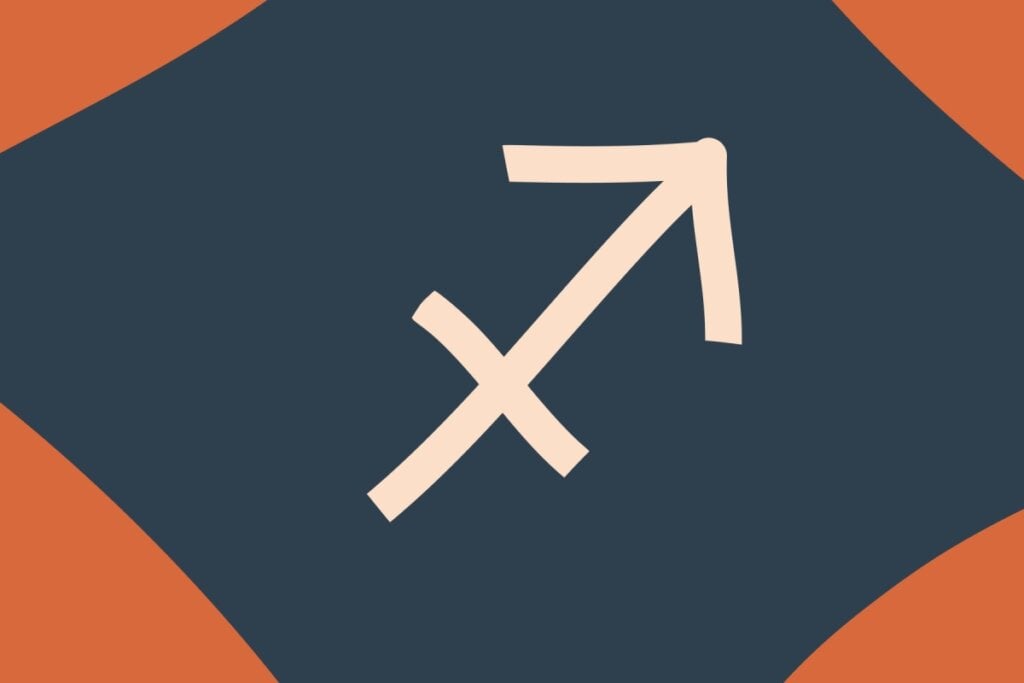 Ilustração do signo de Sagitário na cor rosa em um fundo azul e laranja