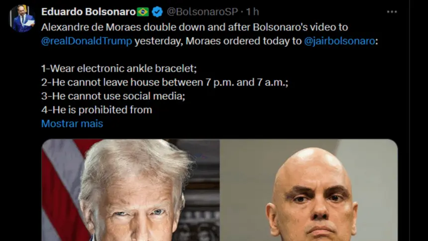 Eduardo Bolsonaro posta em inglês no X que Moraes dobra aposta contra o pai