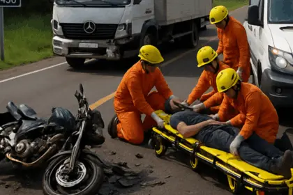 Bombeiros de Goianésia são acionados para socorrer motociclista após acidente com caminhão na GO-438