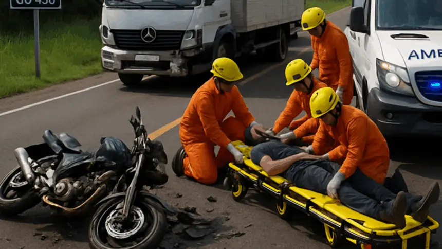 Bombeiros de Goianésia são acionados para socorrer motociclista após acidente com caminhão na GO-438